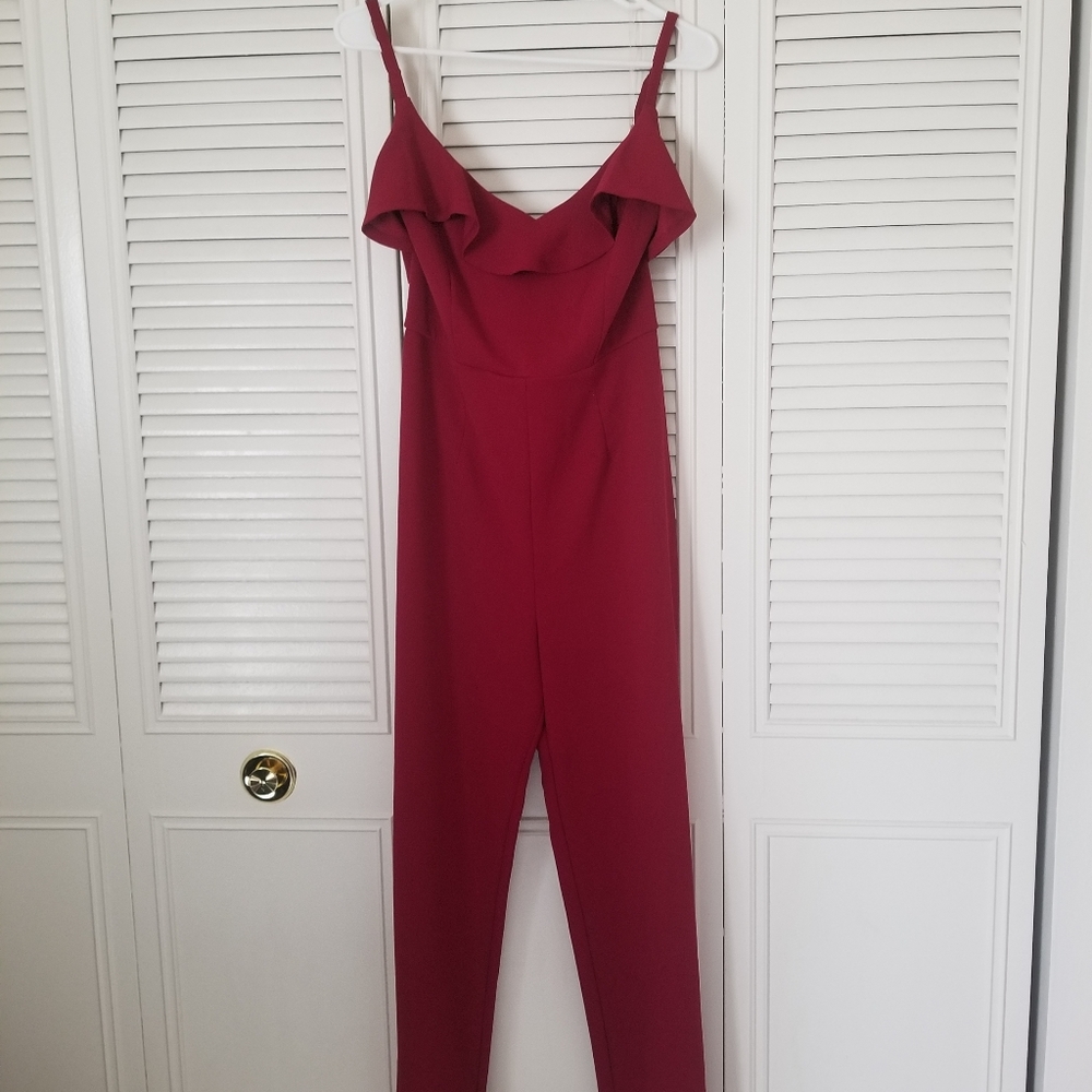Trixxi Ruffled Wide Leg Dark Red Jumpsuit Romper